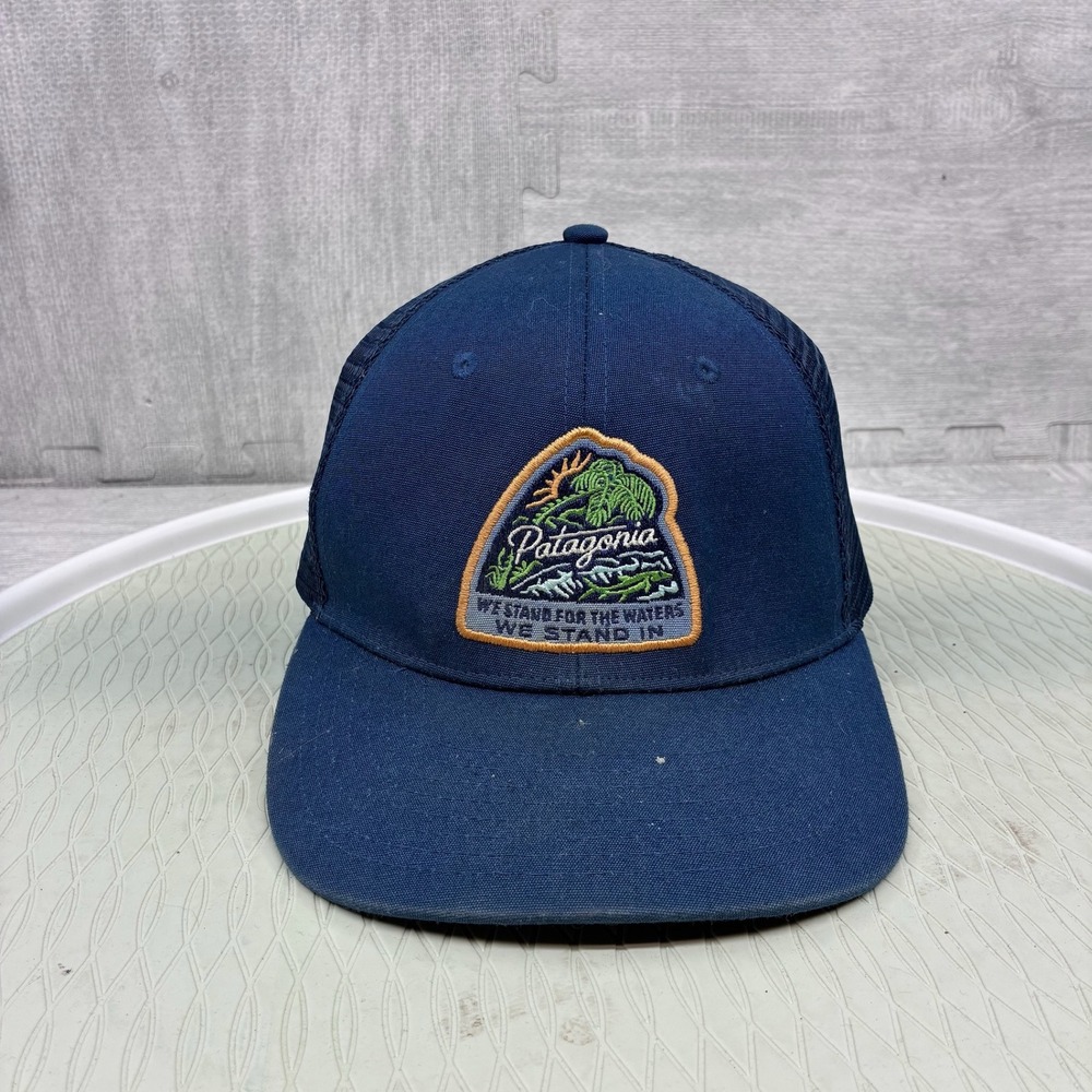 Patagonia Trucker Hat Mens OSFA Navy Blue Cotton Mesh Snapback Graphic Patch
